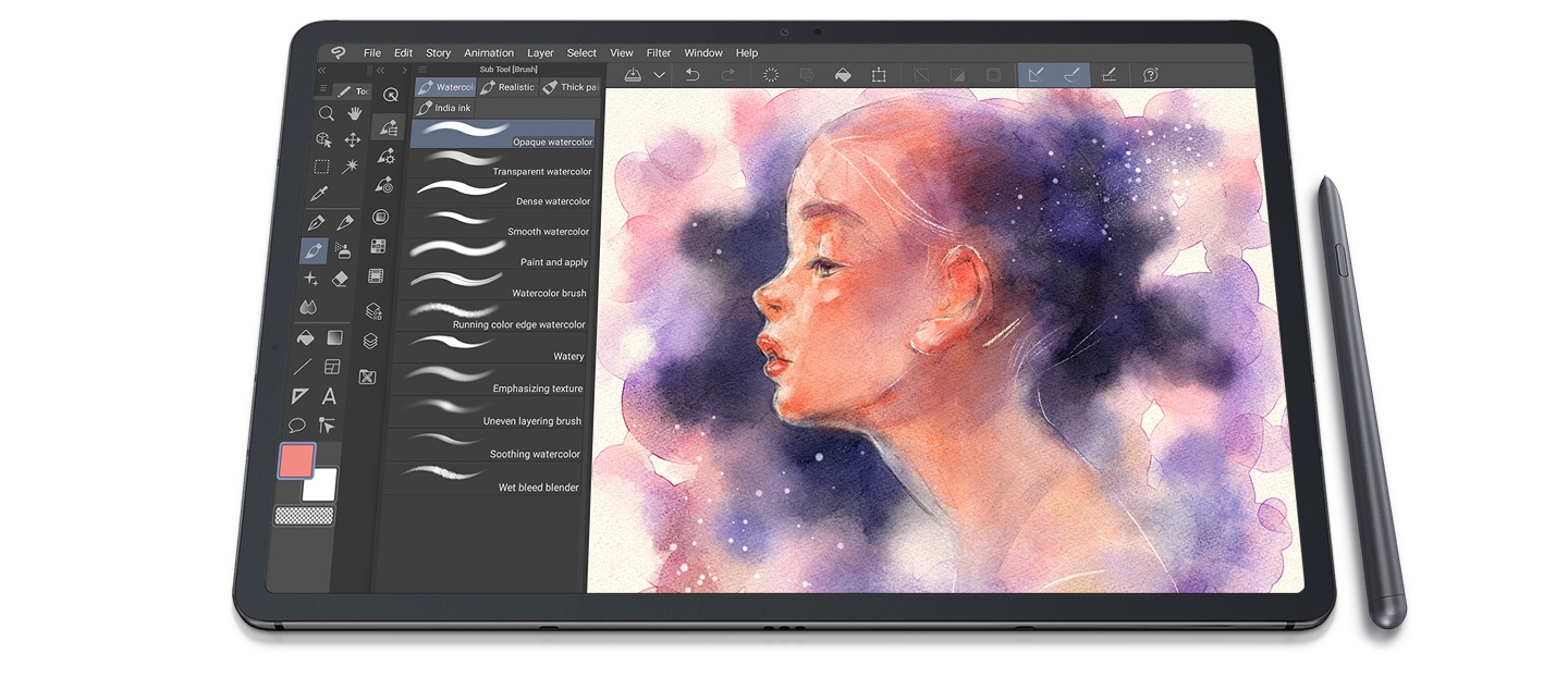 An illustration of a woman created with S Pen using Clip Studio Paint's brush GUI on Galaxy Tab S7+.