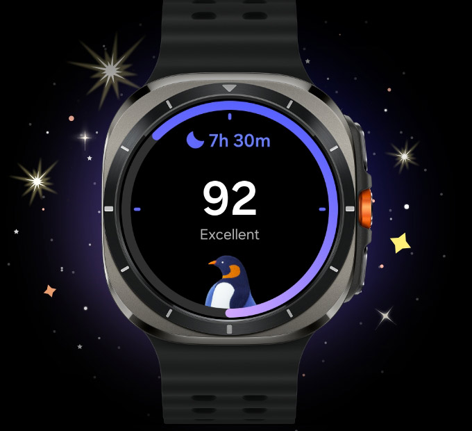 Galaxy Watch Ultra is displaying a sleep score of '92'.