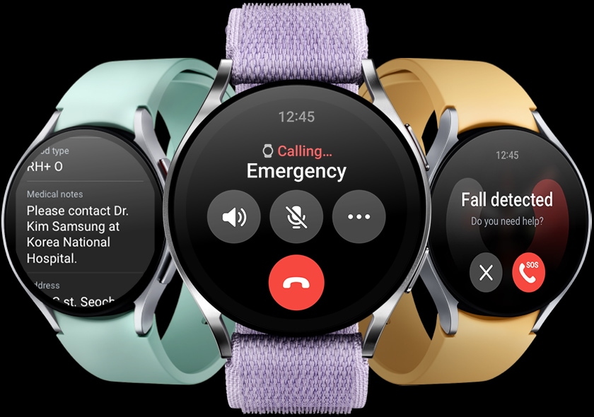 يمكن رؤية ثلاث ساعات Galaxy Watch6. تعرض الساعة الموجودة على اليسار شاشة المعلومات الطبية. تعرض الساعة الموجودة في المنتصف شاشة مكالمة الطوارئ. تعرض الساعة الموجودة على اليمين شاشة اكتشاف السقوط، مع النص "هل تحتاج إلى مساعدة؟" وزر اتصال SOS في أسفل اليمين.