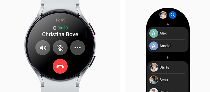 يمكن رؤية Galaxy Watch6، وهي تعرض شاشة الاتصال. يمكن أيضًا رؤية واجهة المستخدم الرسومية لشاشة قائمة جهات الاتصال للإشارة إلى أنه يمكن إجراء المكالمات الهاتفية على Galaxy Watch6، دون إخراج هاتفك.