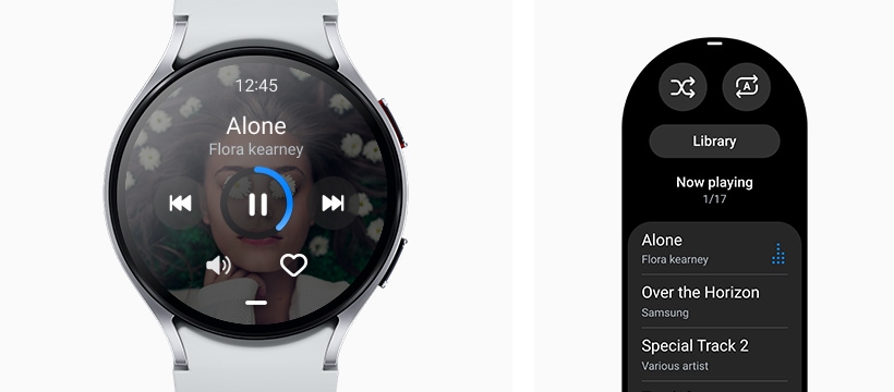يمكن رؤية Galaxy Watch6، وهي تعرض شاشة تطبيق بث الموسيقى. يمكن أيضًا رؤية واجهة المستخدم الرسومية لشاشة قائمة التشغيل.