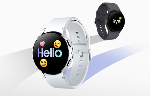 Two Galaxy Watch can be seen, illustrating the trade-in service. In the back is a previous model of Galaxy Watch, displaying the text 'Bye' with a hand emoji. In the front is Galaxy Watch6, displaying the text 'Hi' with smiley face and heart emojis.
