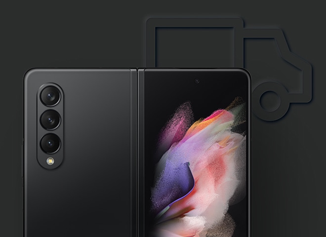 Galaxy Z Fold3 is unfolded, and a truck icon is placed above the right corner.