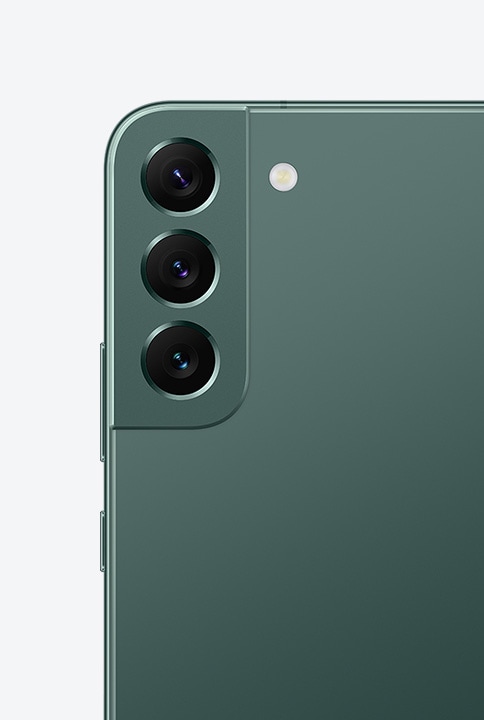 Two Galaxy S22 plus phones in Green. One shows a close-up of the Rear Camera. The other phone is seen from the side to show the symmetrical design.