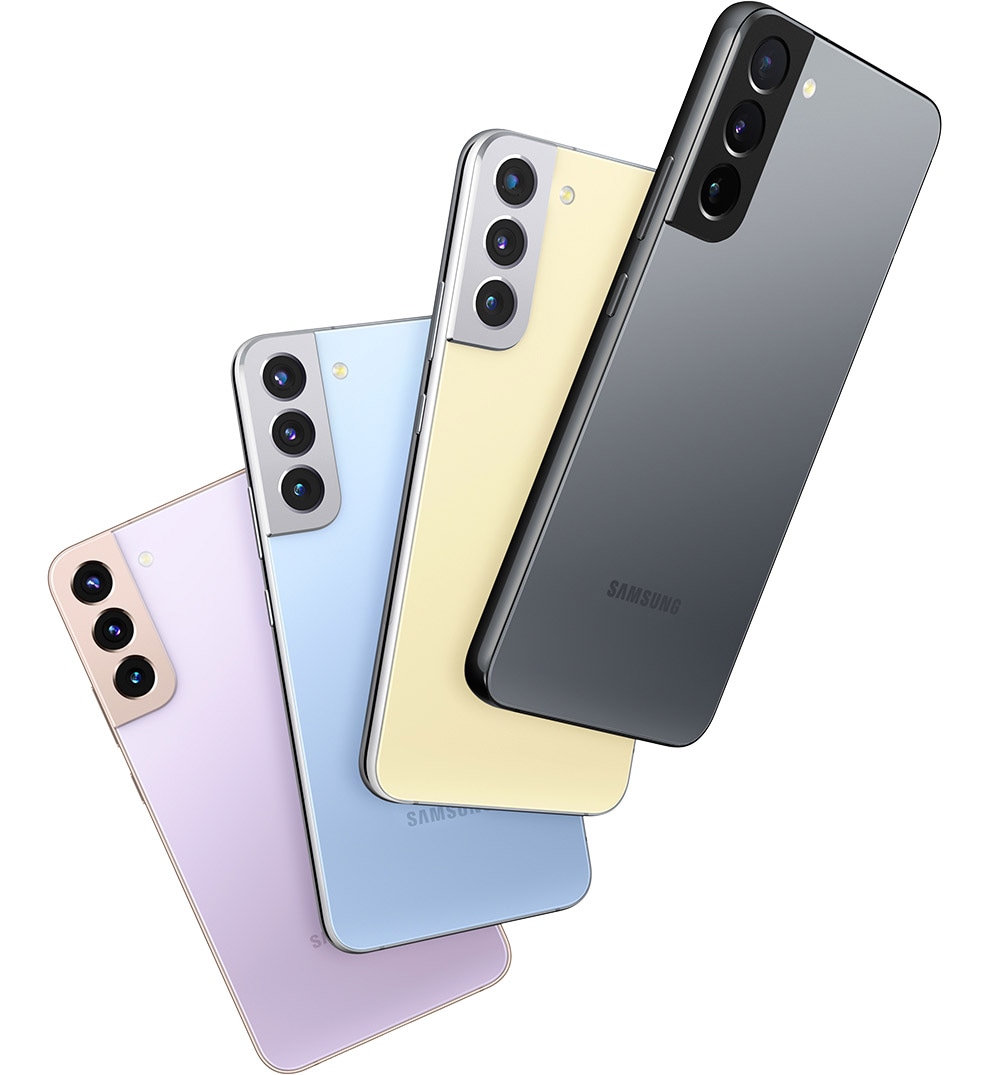 Four Galaxy S22 plus phones seen from the rear, each in the Online Exclusive colors Violet, Sky Blue, Cream and Graphite.