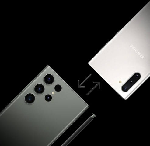 An older Galaxy smartphone and Galaxy S23 Ultra seen from the rear. The phones are pointed towards each other in opposite directions.