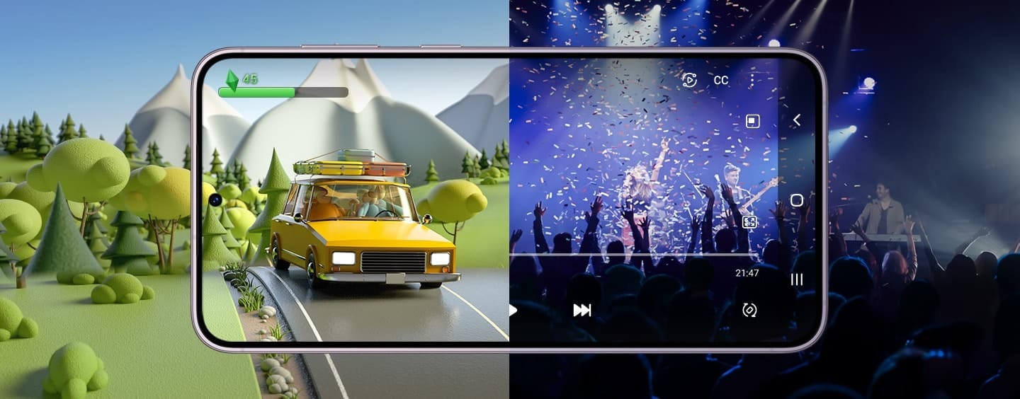 Galaxy S23 seen from the front and horizontal. On one side of the screen, a scene from a game is running. On the other, a video of a concert.