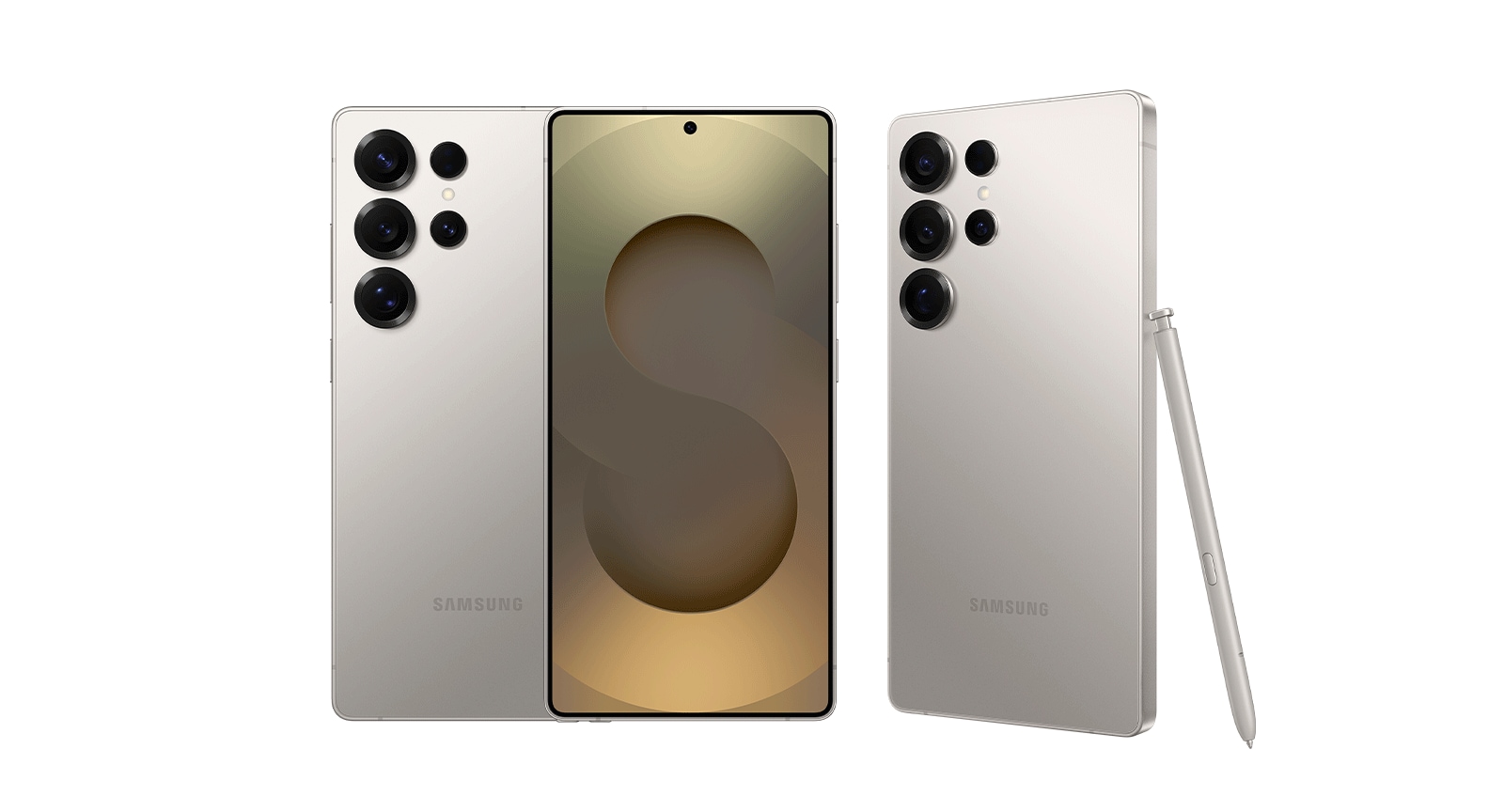 Three Galaxy S25 Ultra in Titanium Gray are arranged, one in rear view, one in front view and another in rear view at a slight slant with an S Pen leaning on it.