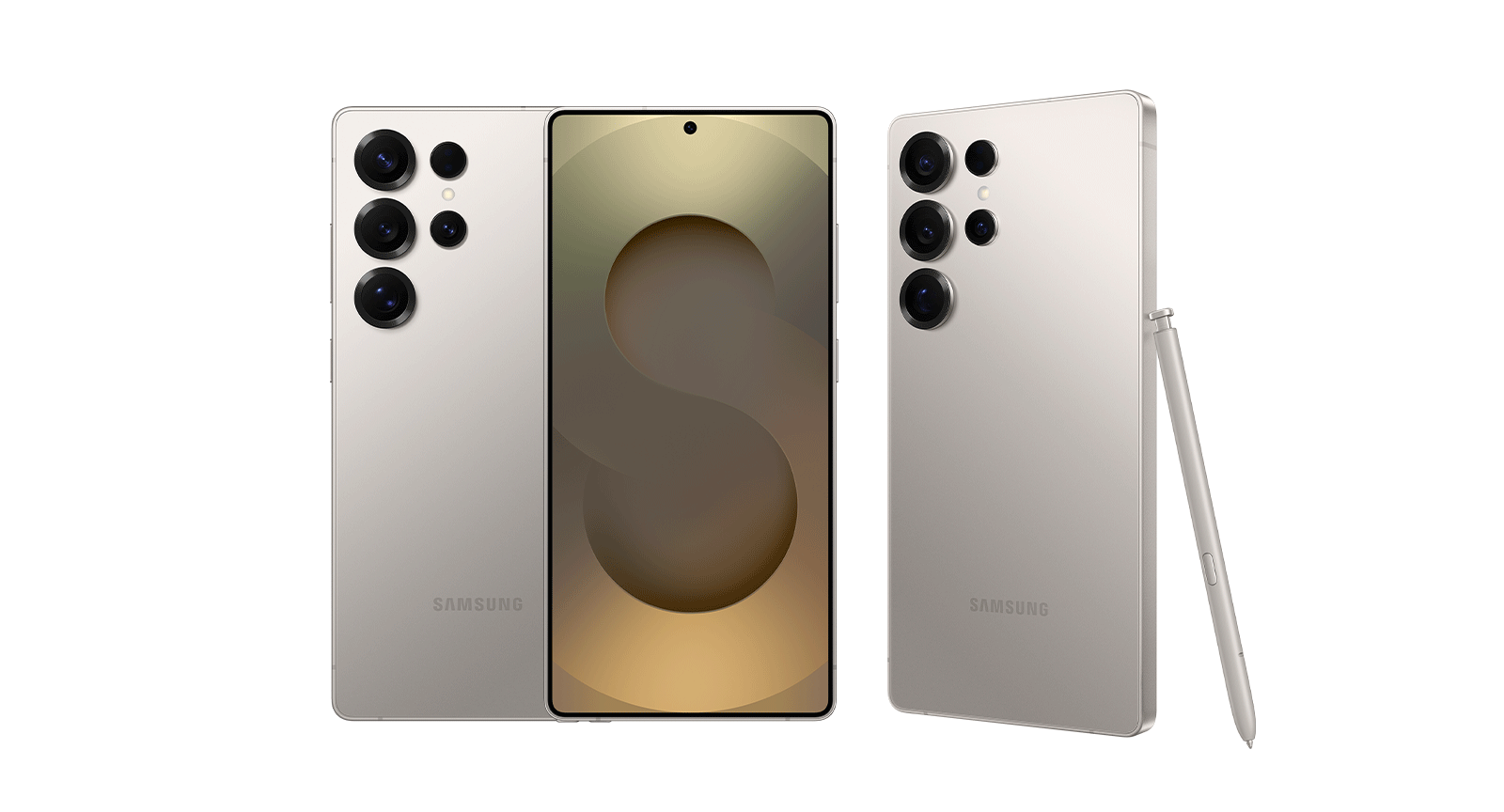 Three Galaxy S25 Ultra in Titanium Gray are arranged, one in rear view, one in front view and another in rear view at a slight slant with an S Pen leaning on it.