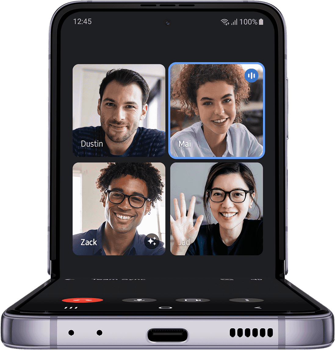 Galaxy Z Flip4 in FlexCam mode shows a video call with four participants on the Main Screen.