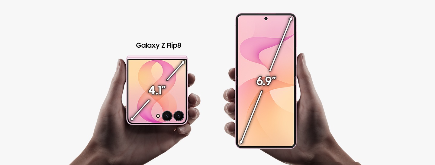 A hand holds a folded Galaxy Z Flip8 in Pink, which is seen from the 4.1 inch cover screen. Next to it, another hand holds an unfolded Galaxy Z Flip8 with a 6.9 inch main screen.