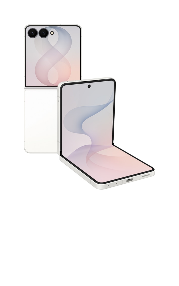 Two Galaxy Z Flip8's in Cream are seen. One is unfolded and seen from the back. The other is in FlexMode and seen from the main screen.