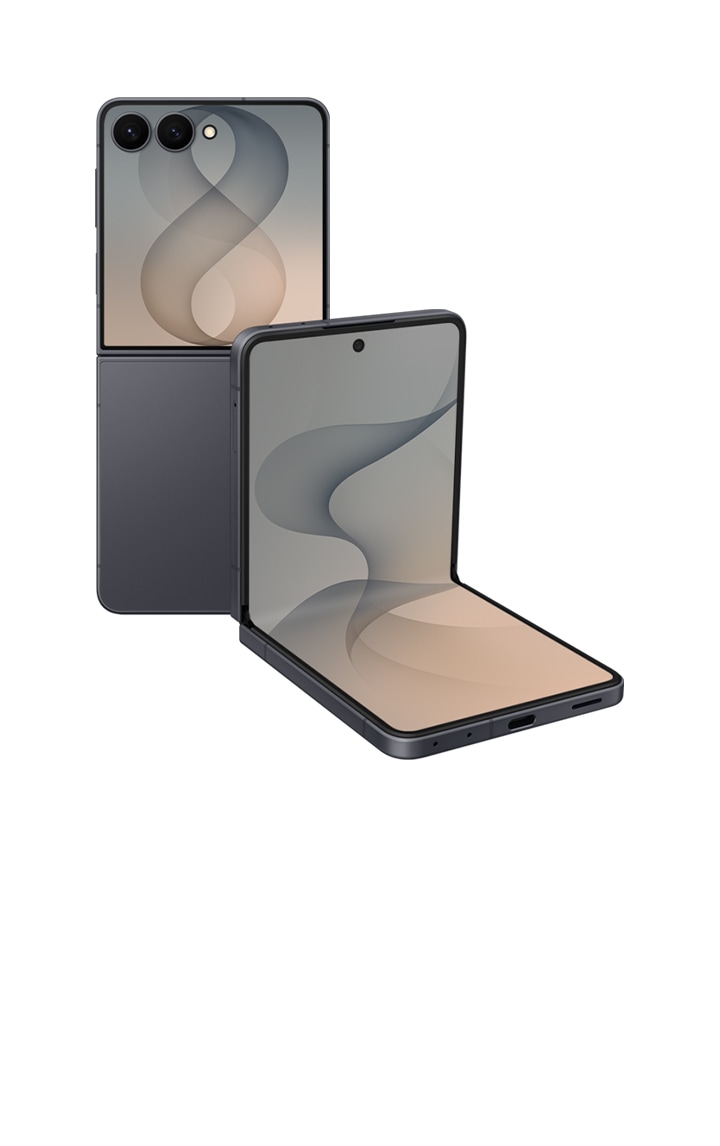Two Galaxy Z Flip8's in Graphite are seen. One is unfolded and seen from the back. The other is in FlexMode and seen from the main screen.