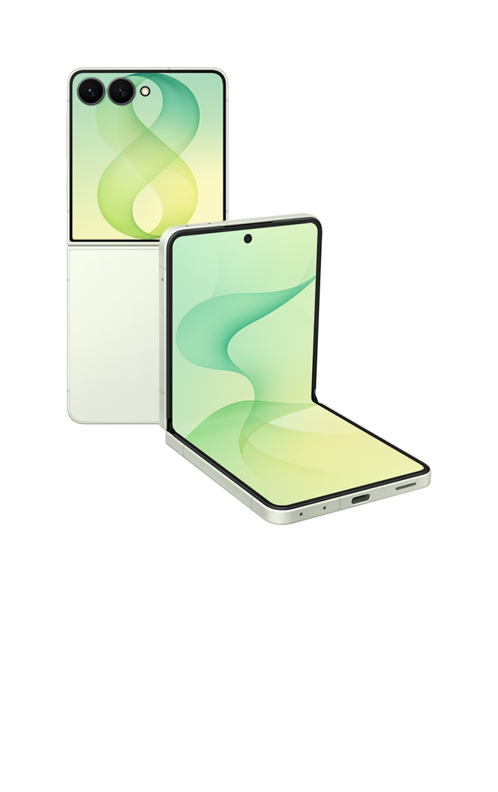 Two Galaxy Z Flip8's in Mint are seen. One is unfolded and seen from the back. The other is in FlexMode and seen from the main screen.