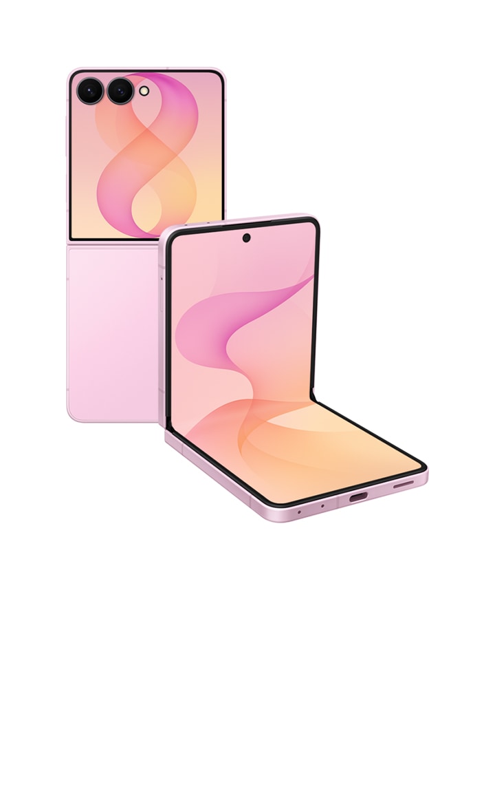 Two Galaxy Z Flip8's in Pink are seen. One is unfolded and seen from the back. The other is in FlexMode and seen from the main screen.