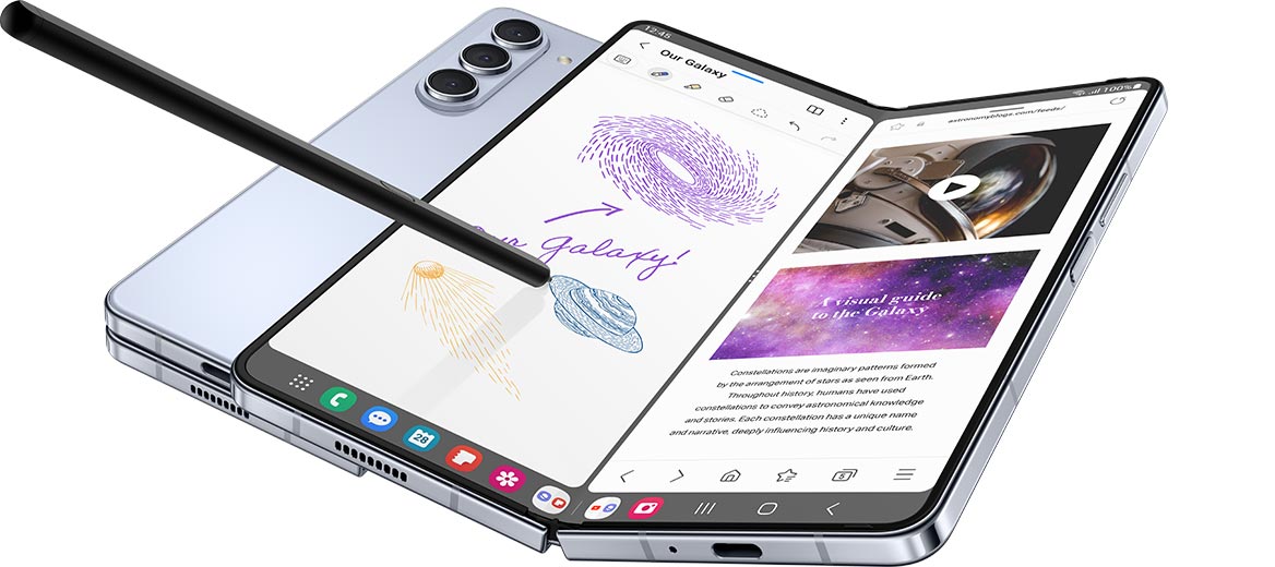 Two Galaxy Z Fold5 devices. One is folded and seen from the rear. The other is open to the Main Screen. Two windows are open on the Main Screen. One is a note-taking app with drawings created with the S Pen hovering over the screen. The other is an internet browser.