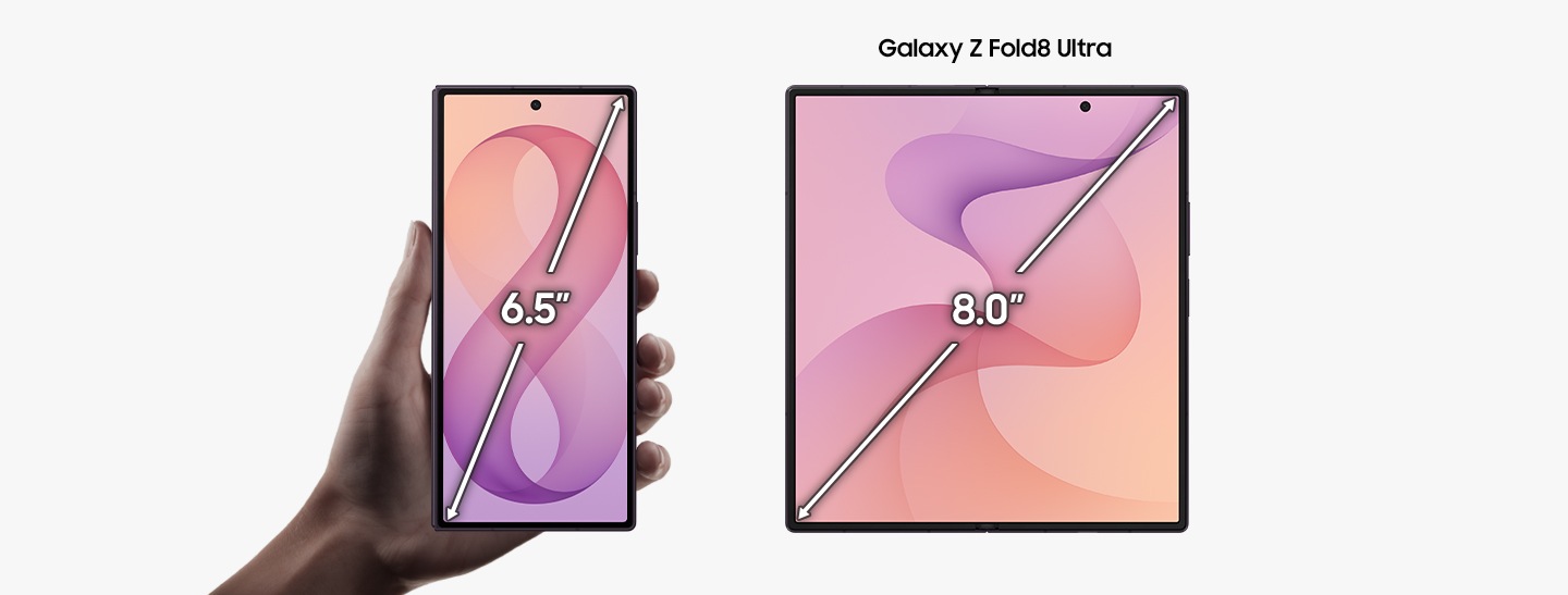 A hand holds a folded Galaxy Z Fold8 Ultra in Violet Shadow, which is seen from the 6.5 inch cover screen. Next to it, another Galaxy Z Fold8 Ultra in Violet Shadow is unfolded to show the 8 inch main screen.
