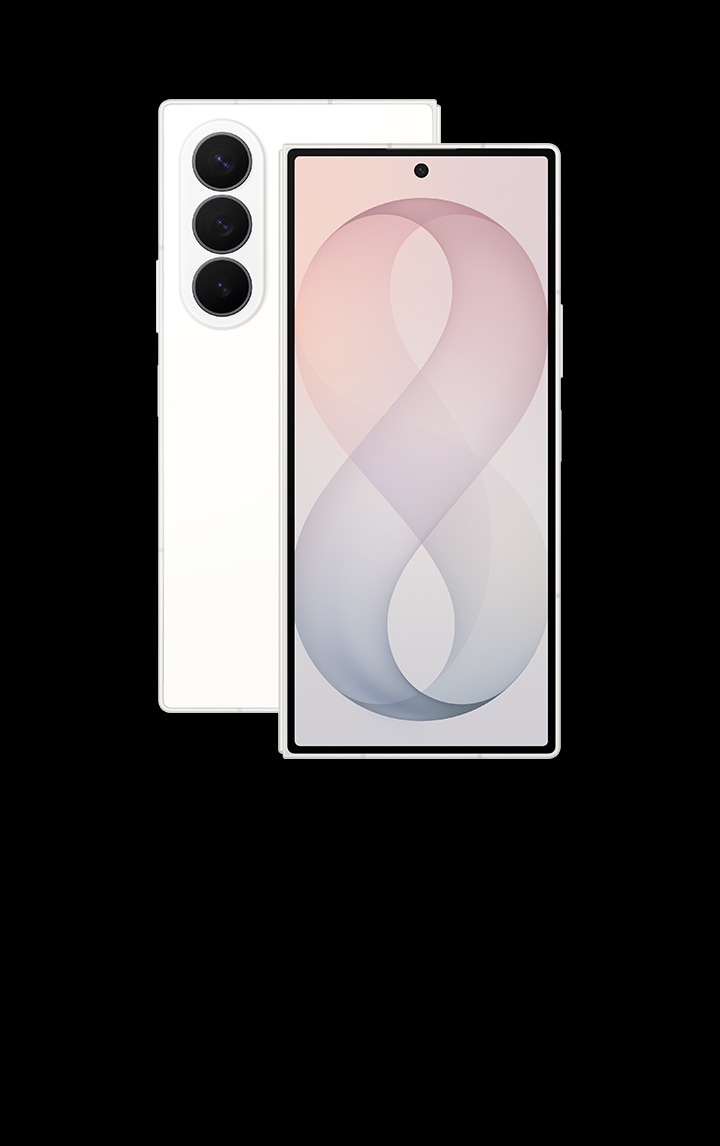 Two folded Galaxy Z Fold8 Ultra devices in Cream. One is seen from the cover screen and one is seen from the back.