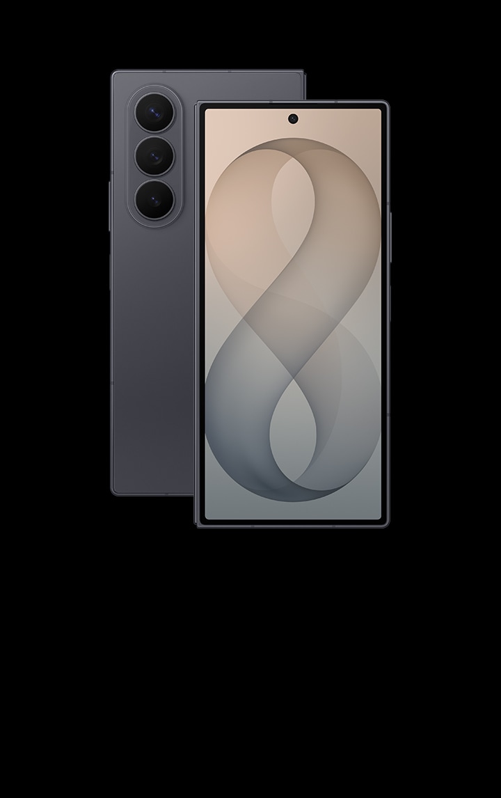 Two folded Galaxy Z Fold8 Ultra devices in Graphite. One is seen from the cover screen and one is seen from the back.