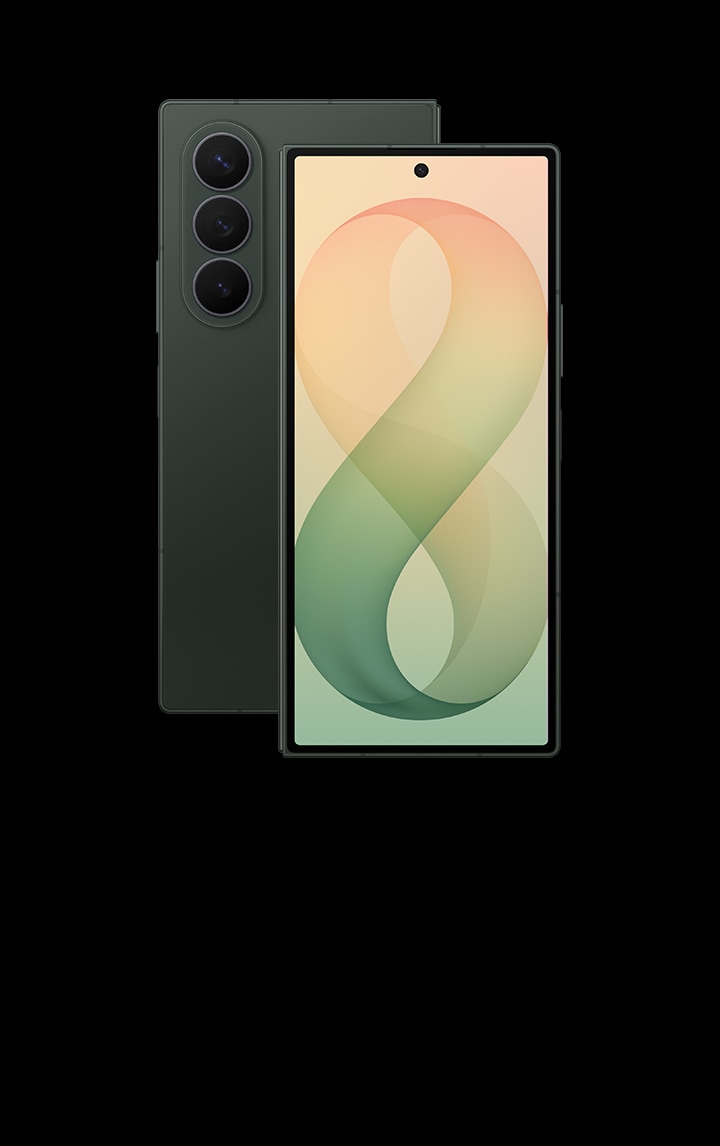Two folded Galaxy Z Fold8 Ultra devices in Green Shadow. One is seen from the cover screen and one is seen from the back.