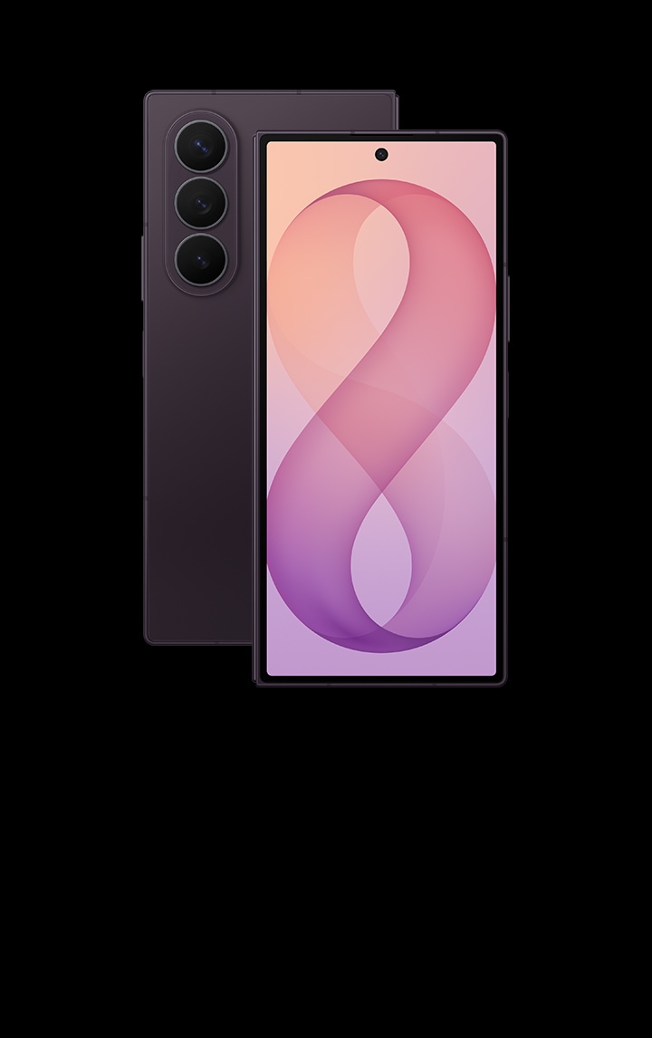 Two folded Galaxy Z Fold8 Ultra devices in Violet Shadow. One is seen from the cover screen and one is seen from the back.