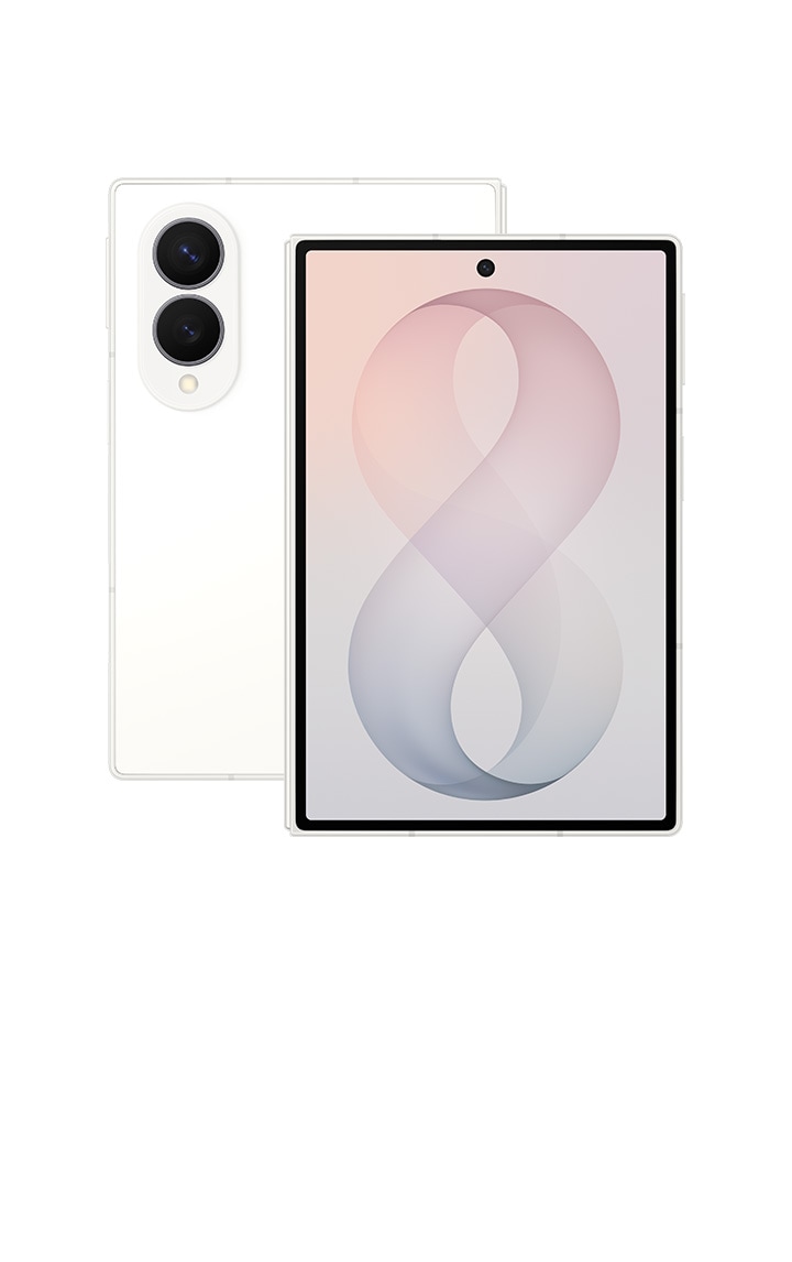 Two folded Galaxy Z Fold8 devices in Cream. One is seen from the cover screen. The other is seen from the back.