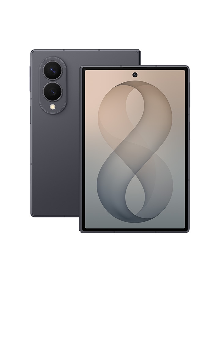 Two folded Galaxy Z Fold8 devices in Graphite. One is seen from the cover screen. The other is seen from the back.