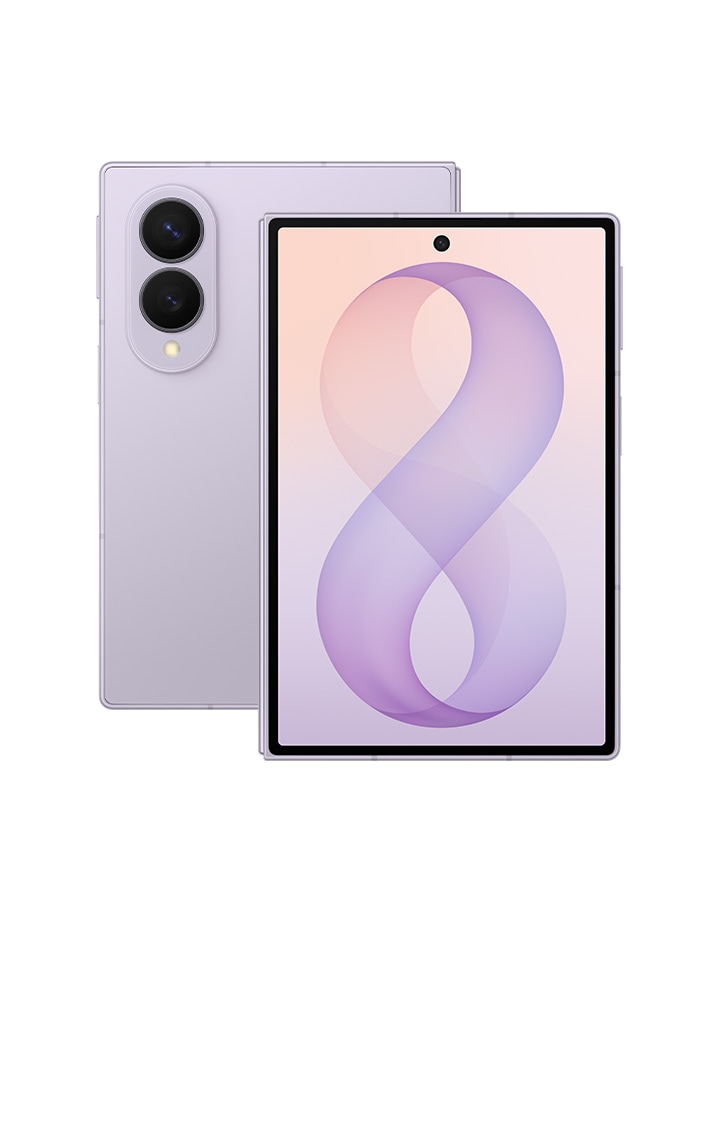 Two folded Galaxy Z Fold8 devices in Lavender. One is seen from the cover screen. The other is seen from the back.