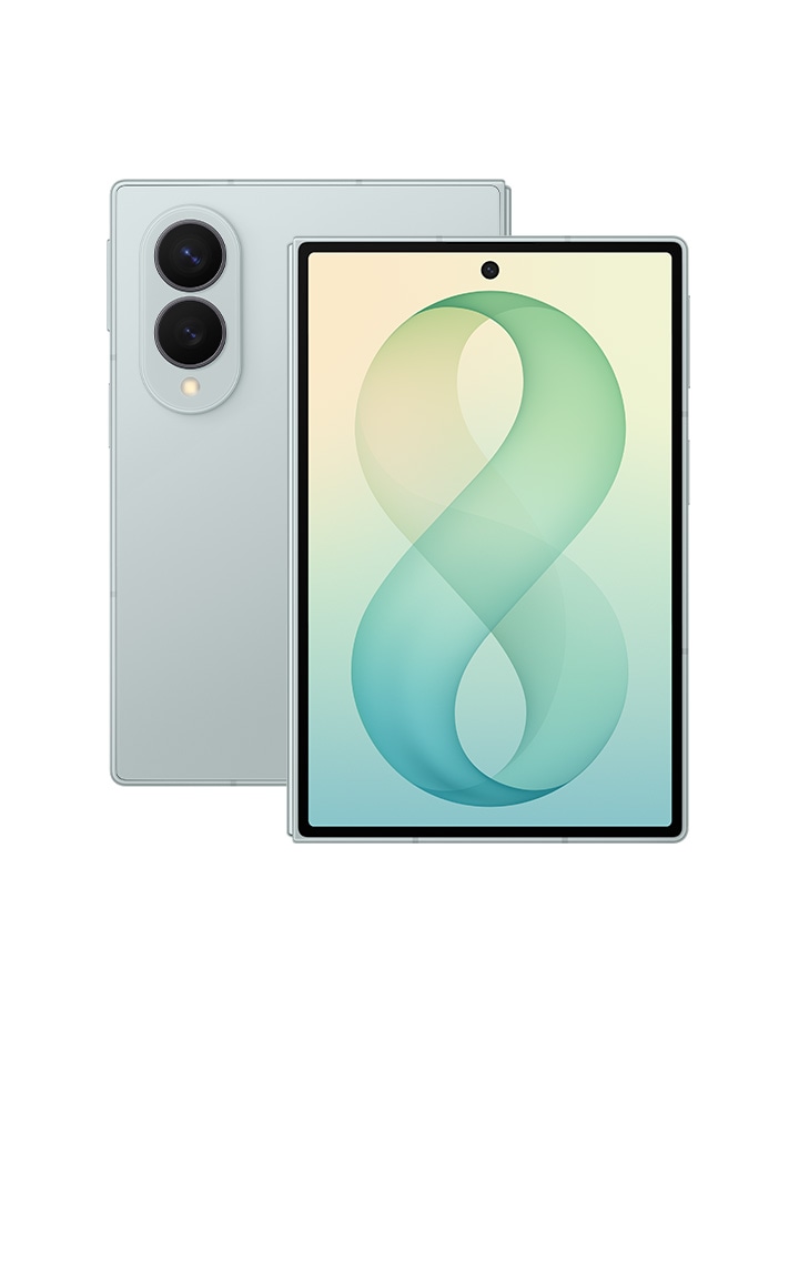 Two folded Galaxy Z Fold8 devices in Pistachio. One is seen from the cover screen. The other is seen from the back.