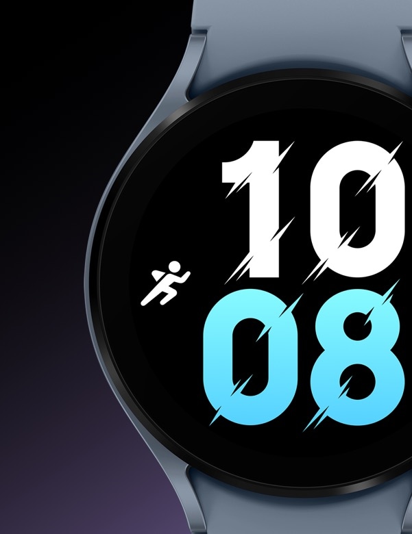 Galaxy Watch5 in sapphire, front display showing time as '10:08'.