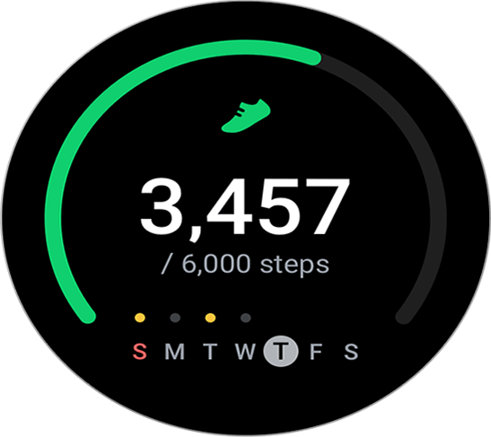 Galaxy Watch5 with a silver case displays step count in large white numbers '3,457/6,000 steps', and days of the week with Thursday highlighted.