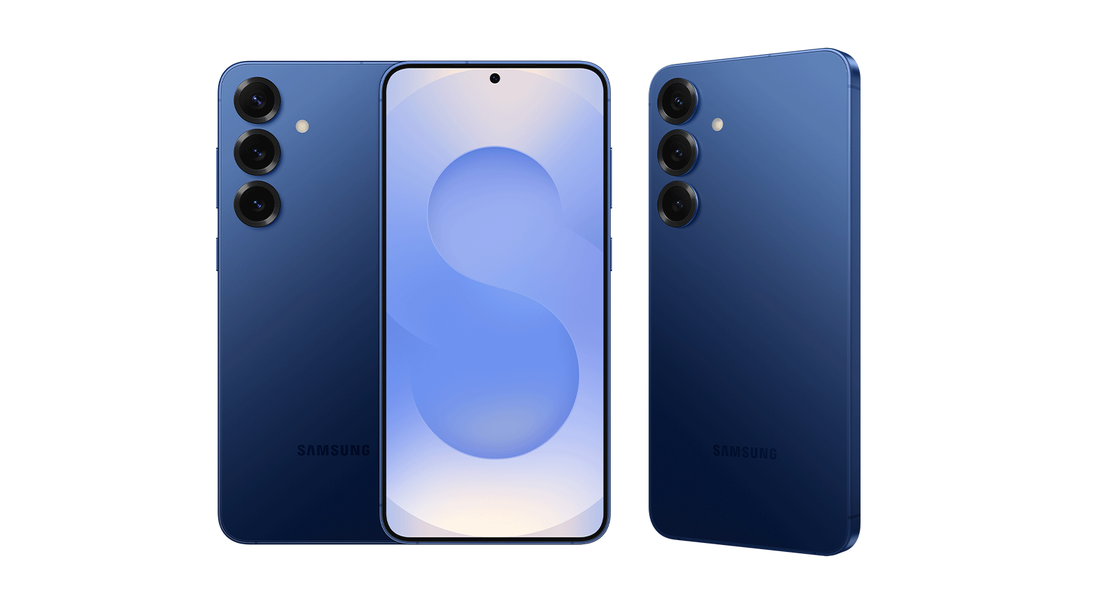 ثلاثة هواتف من فئة +Galaxy S25 بلون كحلي ومعروضة بشكل منظم، يظهر أحدها من الخلف، والآخر من الأمام، والثالث من الخلف مع ميل بسيط.