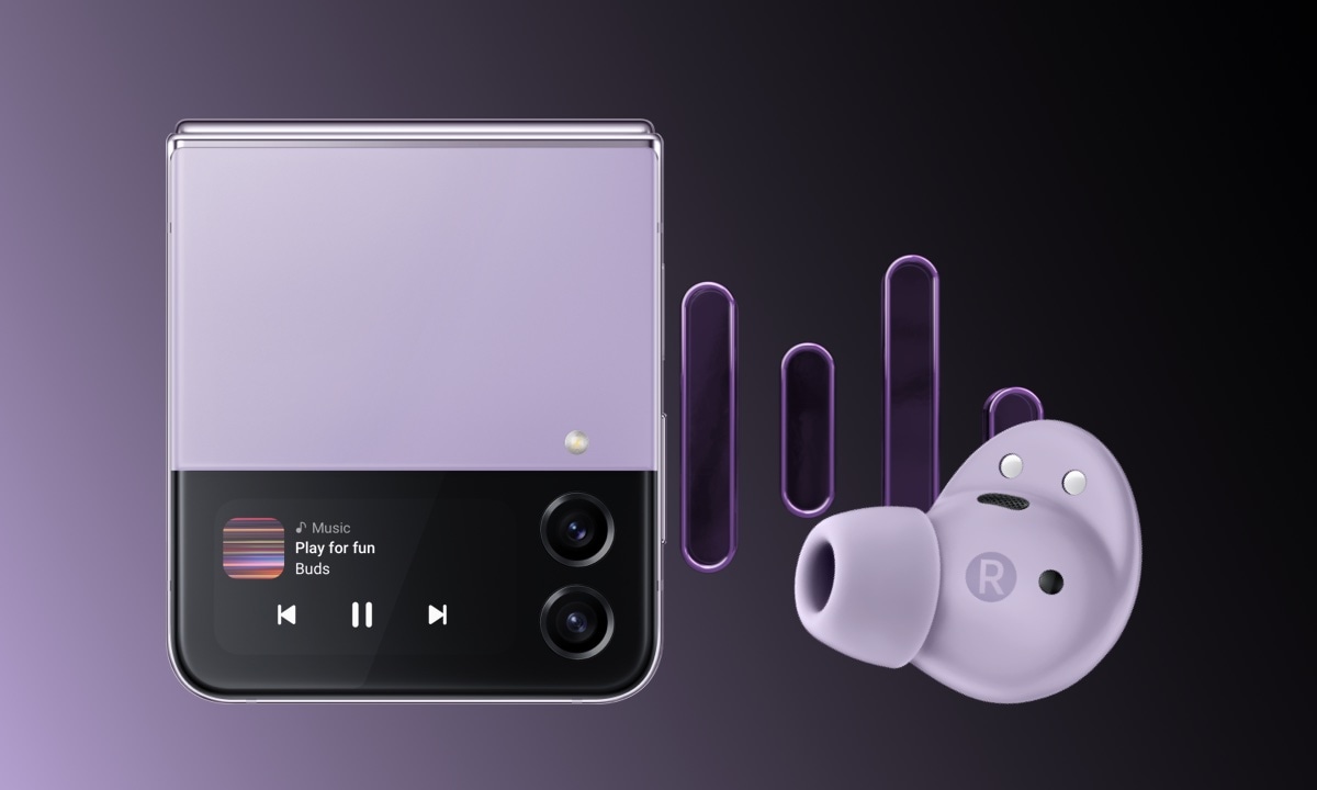 A purple Galaxy Z Flip 4 device on the left and a Galaxy Buds2 Pro earbud in the same color on the right.