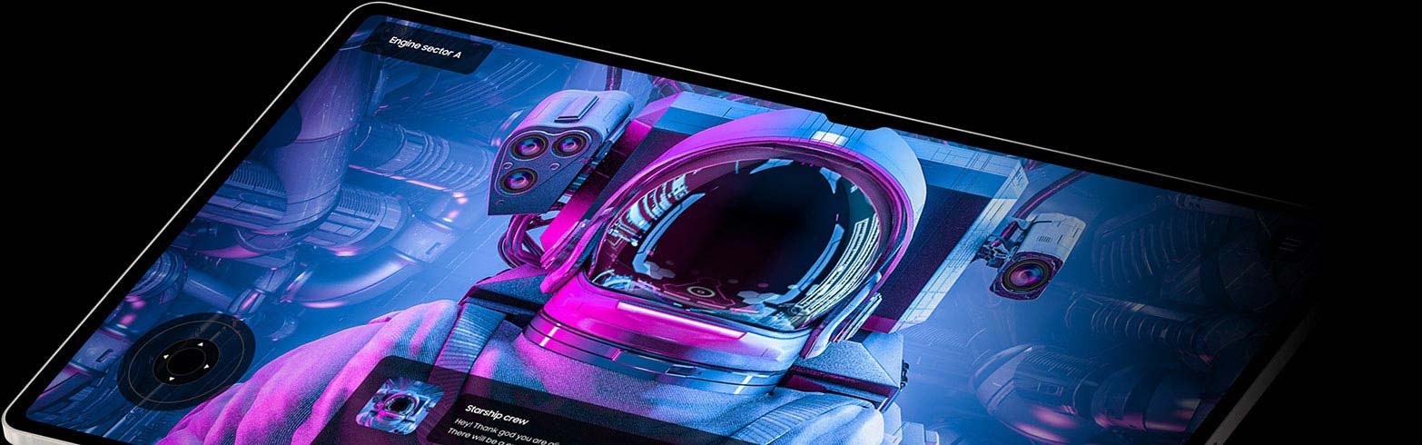 Galaxy Tab S9 series device in Landscape mode with a sci-fi action game onscreen.