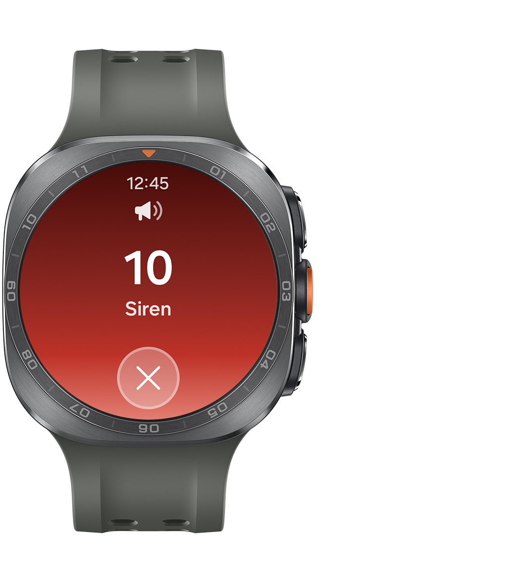 Galaxy Watch Ultra2 in Titanium Silver with a Marine Band in Olive shown facing forward displaying the countdown with text 10, Siren and a cancel button at the bottom.