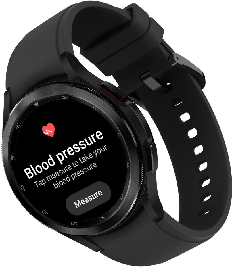 The Galaxy Watch4 Classic device in black color for both the body and band is shown. On the watch face, the menu for Blood Pressure and ECG measurement features are displayed.