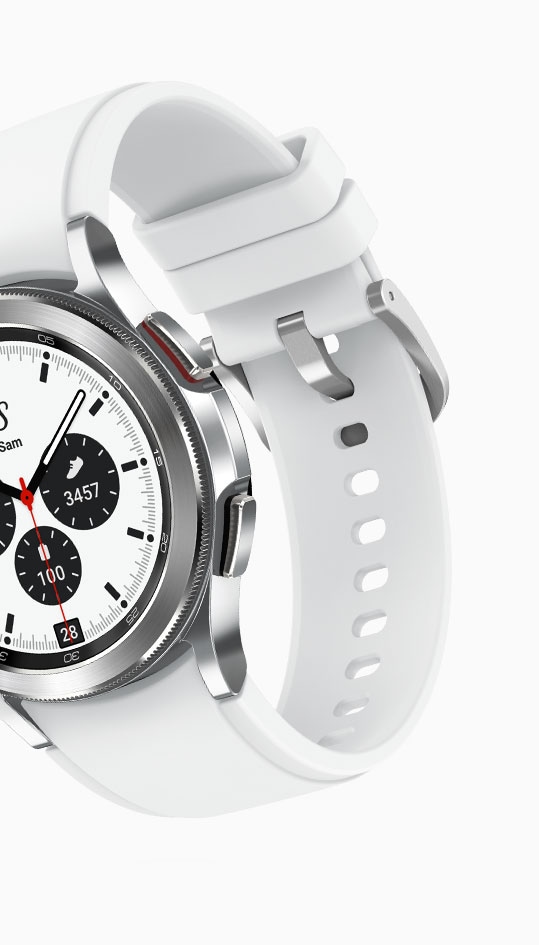 The inner side of a strapped-in Ridge Sports Band is shown, attached to a silver Galaxy Watch4 Classic body.