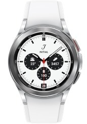 A Silver Galaxy Watch4 Classic device showing its front watch face that has the time '10:08' displayed.