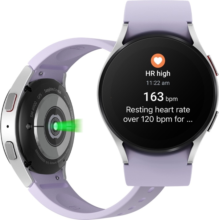 The underneath of a Galaxy Watch5 device is shown. On the right is a frontal view of the Watch5 Device with the Optical Heart Rate Sensor user interface.