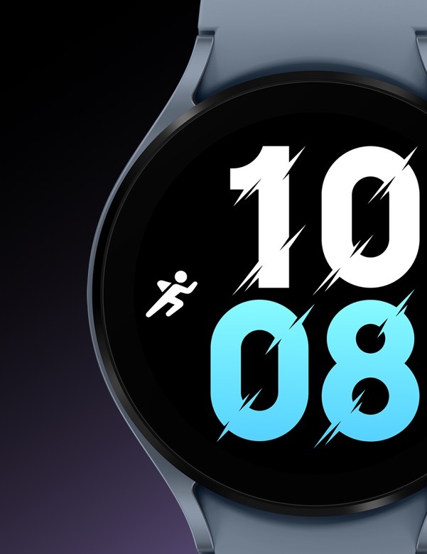 Sapphire Galaxy Watch5 device showing its front watch face that has a number five displayed.