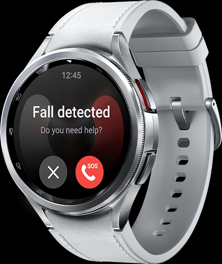 Se puede ver la pantalla GUI de la función de llamada de emergencia del Galaxy Watch6 Classic. El reloj muestra la pantalla de detección de caídas, con el texto "¿Necesita ayuda?" y un botón de llamada SOS en la parte inferior derecha.