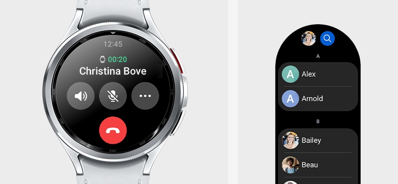 Se puede ver el Galaxy Watch6 Classic, mostrando la pantalla de llamadas. La GUI de la pantalla de la lista de contactos también se puede ver para indicar que las llamadas telefónicas se pueden realizar en Galaxy Watch6 Classic, sin sacar el teléfono.