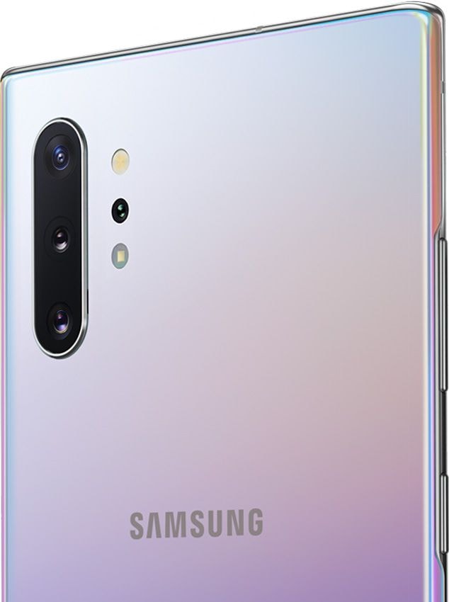 Top half of Galaxy Note10 plus seen from the front showing the centre placement of the front camera, next to top half of Galaxy Note10 plus seen from the rear showing the four cameras