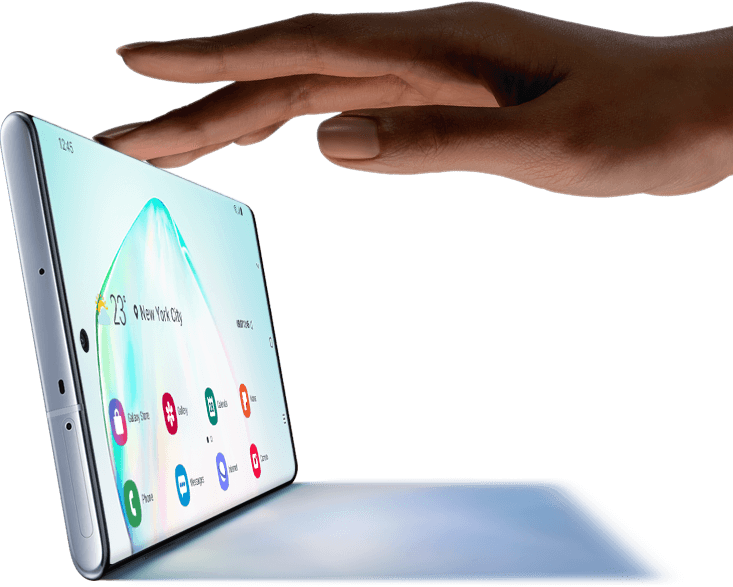 Galaxy Note10 plus seen in landscape mode with a shadow and a hand touching the top as if it’s a laptop