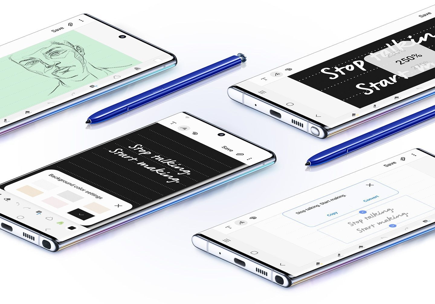 Four Galaxy Note10 plus phones seen laying face up with a variety of Samsung Notes uses onscreen, and two blue S Pens. One screen shows a sketch of a face, another shows Text Export, the next shows a note with the zoom GUI overlaid on top, and the last phone shows writing with the background color settings menu