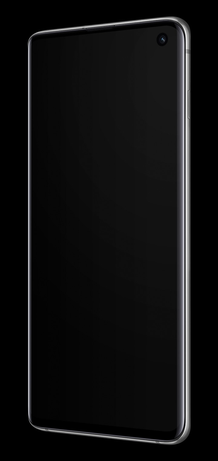 Galaxy S10 seen from the front at an angle with the Ultrasonic Fingerprint icon shown on screen.