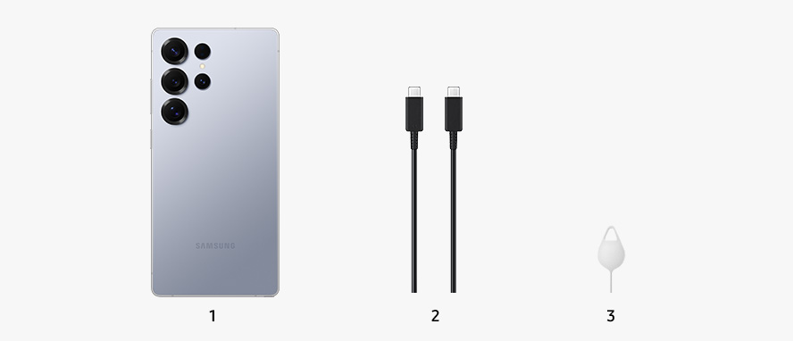 Galaxy S25 Ultra in Titanium Silverblue is shown from the back with a battery charging cable and an ejection pin next to it.