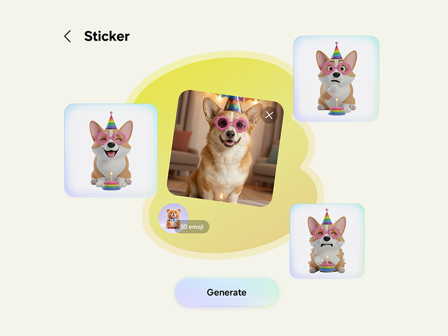 A photo of a dog wearing sunglasses has been used to create a sticker pack of various emotions in Creative Studio.