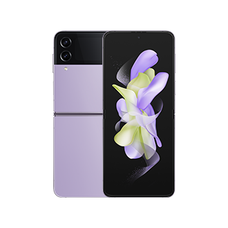 Two Bora Purple Galaxy Z Flip4s are unfolded and standing vertically. One faces forward, displaying a colorful ribbon-like wallpaper that matches the color of the phone. The other is facing backward, showcasing the Bora Purple cover.