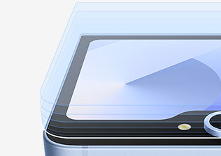 A close up of a Galaxy Z Flip6 FlexWindow with protective sheets of glass hovering over the screen.